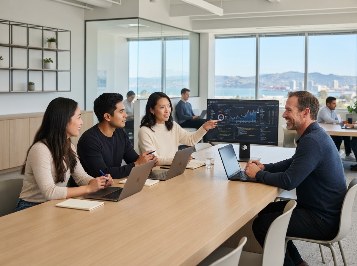 AlgoQuant team reviewing portfolio data and risk models in a minimalist office setting